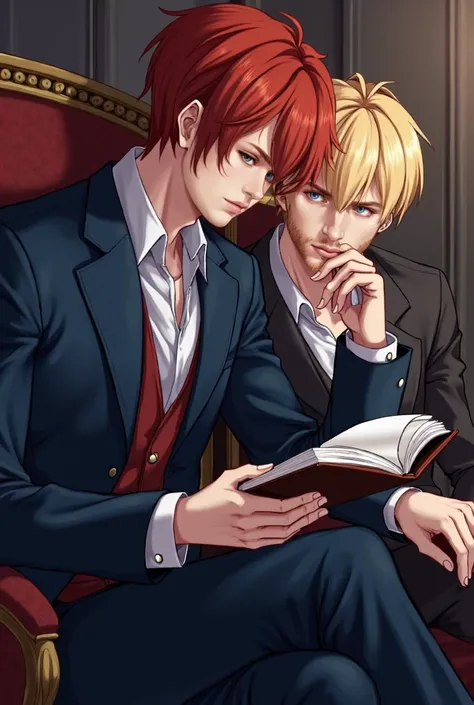 A red-haired man, blue-eyed, standing wearing elegant clothes of a dark blue shade, he is reading a book while a blond man with green eyes watches him in admiration