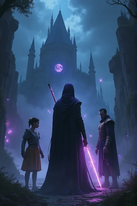 Background:

Castle: A huge one, varázslatos kastély sötét éjszakai in the background, illuminated by mystical lights.
Center point:

Witch: In the middle, a powerful witch is long, with black hair and fancy, in a magical outfit. A magical aura and lights ...