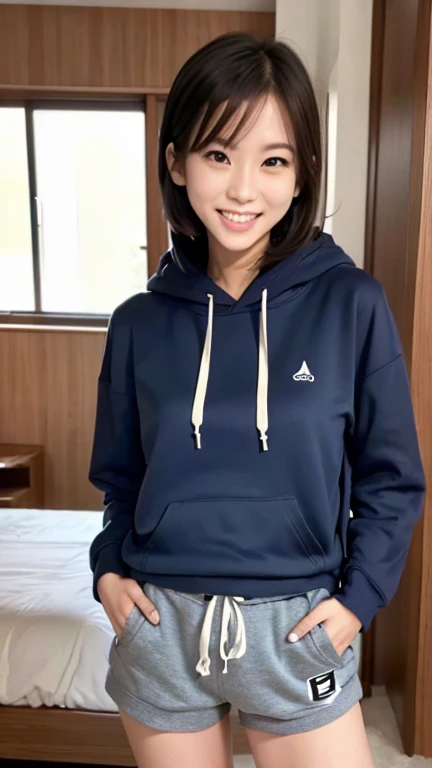 1girl, 独奏, (no makeup:1.5)、(Slender line:1.4), Slender, Wearing navy  and white oversized hoodie, house wear, short pants, Versatile poses, 2 female,  Height: 155cm, whole foot、laughter、 details face, beautiful detailed eyes,  indoor, 1k apartment, in the ...