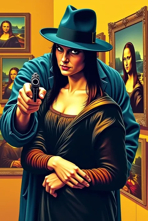 A collage illustration of a thief pointing a gun at the front while holding Mona Lisa by the neck with his arm. The background is a gallery with multiple paintings. The overall image has a yellow, blue, and red color scheme. que tenga su brazo al rededor d...