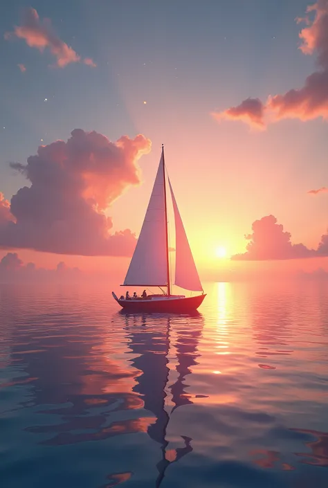 A small sailboat floating in the middle of a calm sea, with the sun setting on the horizon. The atmosphere has a soft, magical glow, with fantasy elements subtly present in the sky and water, such as faintly glowing clouds and gentle sparkles on the waves....