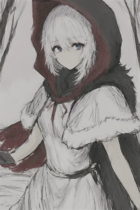 masterpiece, Best Quality, black souls,  Sketch, Red hood (black souls), 1 girl, adolescent, Alone, (Animal hood:0.75), arm at the side, black tie, by rubio, short hair, blue eyes, expressionless,  White dress,fur trimmed dress, fur trimmed cape, red cape,...