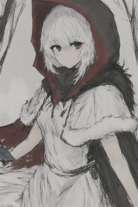 masterpiece, best quality, black souls,  sketch, red hood (black souls), 1 girl, adolescent, alone, (animal hood:0.75), arm at t...