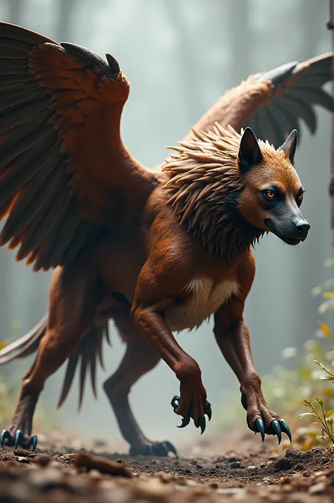 Create a detailed image of a hybrid creature that combines the powerful body of a Pitbull with the majestic wings and sharp features of a Kartal (eagle). The creature should have the muscular build, strong legs, and fierce expression of a Pitbull, while al...