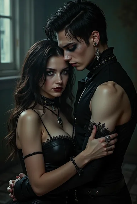 Please create a really dominant goth boy with goth makeup, with a really submissive girlfriend. Make them kinky
