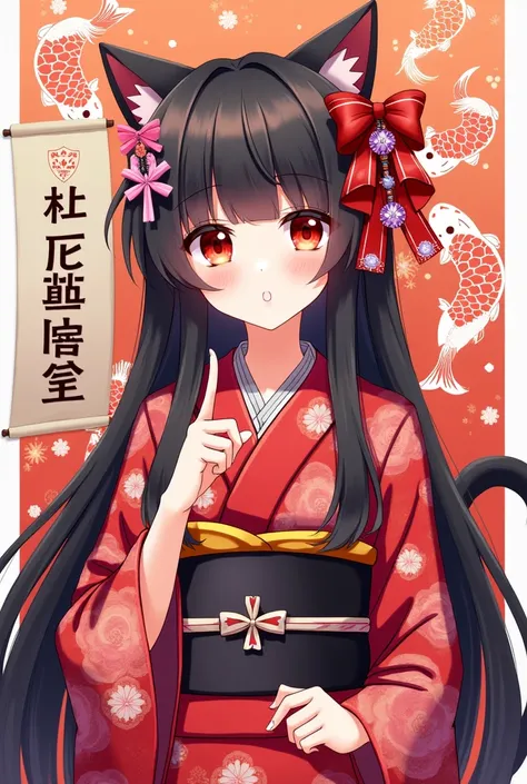 Vibrant and detailed anime-style illustration featuring a female character with cat-like features. She has long, dark hair adorned with red and pink accessories, including a large bow and various beads. Her eyes are large and glowing red, with distinct bla...