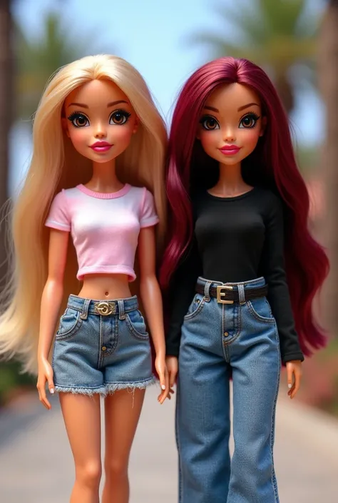 Create a photo of 2 bratz one with very light skin, Brown eyes and blonde hair dressed in pastel pink and white with a t-shirt that doesn&#39;t show any abdomen and a non-jean mini skirt (estilo coquette) and the other also with very light skin, brown eyes...