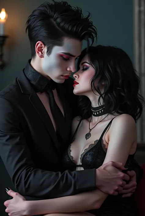 Please create a really dominant goth boy with goth makeup, with a really submissive girlfriend, he claims to own. Make them kinky
