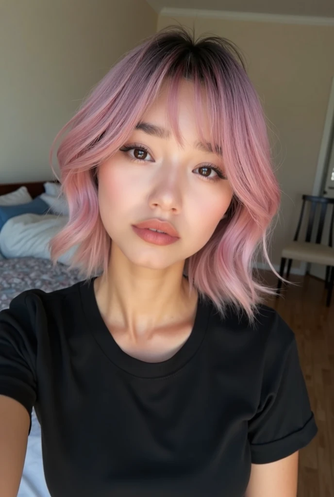 Crée une nouvelle femme à partir de cette image elle a 20 ans elle a des origine hispanique et aussi chinois elle a la peau légèrement mate lle est belle naturelle Elle a une coupe de cheveux carré avec une frange ses cheveux sont rose pastel elle a des so...