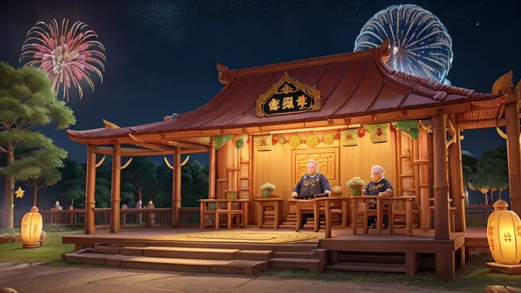  large decorated stage, in the midst of a wise old man, Mid-Autumn Festival、officer、la officer、sun stars、Fireworks、Celebrating、plaza、Bamboo lanterns、the night、Celebrating、Artistically、、Decor，high definition resolution, details in people, details in lantern...