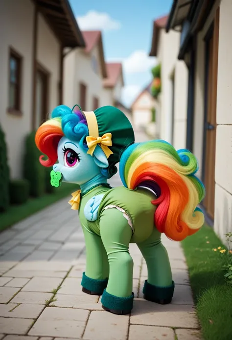 blue pony pegasus alone, blue wool, adult filly, rainbow mane, gathered in a green bonnet, rainbow tail, cherry eyes, stands on four hooves, rear hooves spread wide apart, dressed in a green bodysuit with holes for wings and green booties, green pacifier i...