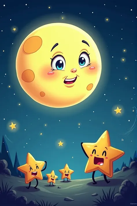 Curious Moon and Laughing Stars: A bright full moon looks puzzled and curious, asking a question to the stars. The stars around are small, twinkling, and laughing, almost like they’re teasing the moon. The sky is deep blue, with a playful, cartoonish atmos...