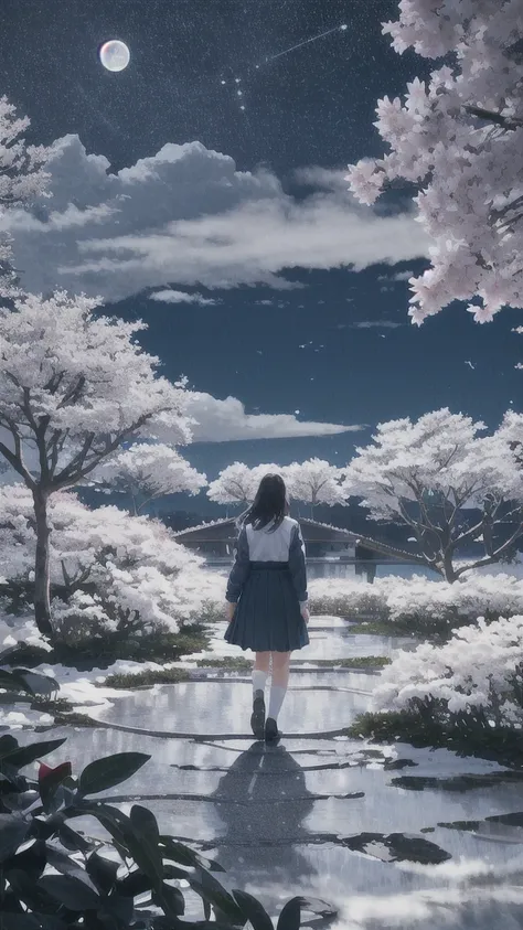 Night Sky,star空,Octane, star (null), scenery, White flower,school uniform.,star, woman, Outdoor,river,garden, cloud, 天のriver,silhouette,White flowerのgarden,Flower Storm,Under the Silver Osmanthus Tree,Rear View,moon,流れstar