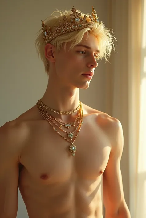 A beautiful blond man with short, thin hair, soft, white skin, perfect face, Angel from heaven, shirtless, wearing shiny boxers and golden necklaces, crown, appreciating his reflection in the mirror