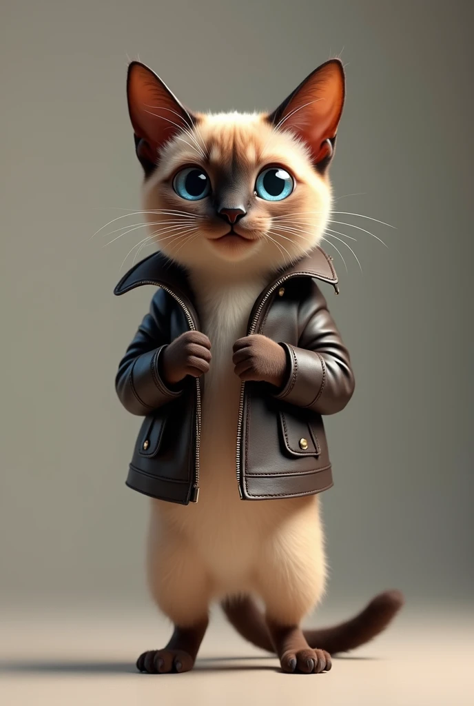 A Siamese cat wearing a leather jacket stands on two legs,cute,smile,whole body,Alone