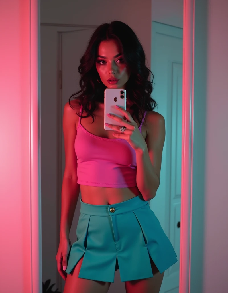 arafed woman taking a selfie in a mirror with an iphone, wearing pink croptop, aesthetic vibes, wearing a tank top and sexy cyan skirt, wearing a tank top, wearing crop top, wearing a sexy cyan skirt short pleat, wearing a cropped top, wearing a sexy crop ...