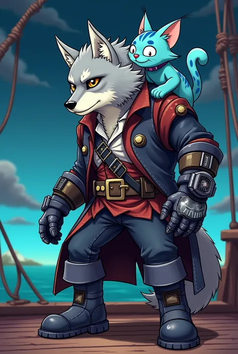 anthropomorphic wolf man, grey fur with white markings on the muzzle, white hair combed back, eyes are orange, right eye cybernetic, both hands mechanical implants, Pirates clothes, gloomy face, in combat boots, standing on the deck, night sky background, ...