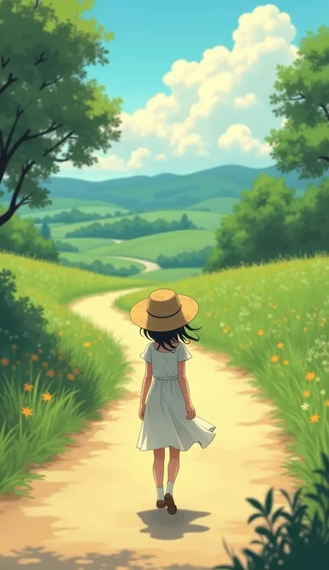 Ghibli-style girl, back view, straw hat, summer, white dress, country road