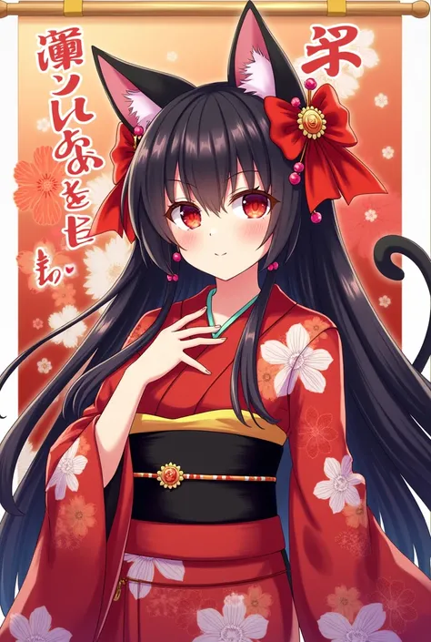 Vibrant and detailed anime-style illustration featuring a female character with cat-like features. She has long, dark hair adorned with red and pink accessories, including a large bow and various beads. Her eyes are large and glowing red, with distinct bla...