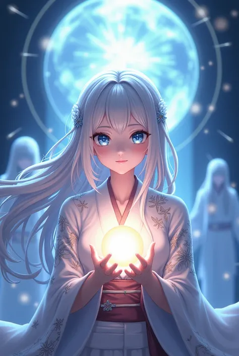 “A beautiful anime-style woman with short silver-gray hair and large blue eyes, wearing an elegant traditional kimono with blue and white patterns. She is holding a glowing magical orb in her hands, with a serene and wise expression. The background feature...