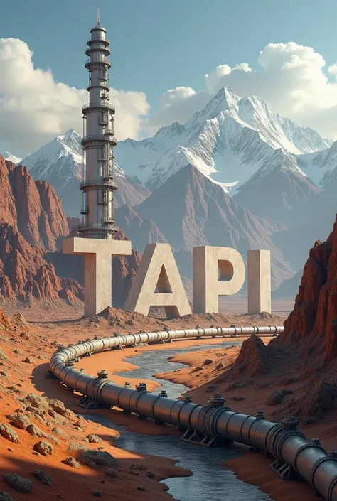 Design some realistic images if TAPI project, a great futuristic gas pipeline crossing the mountains and deserts of Afghanistan. A big 3D text "TAPI" written on the mountains and deserts.