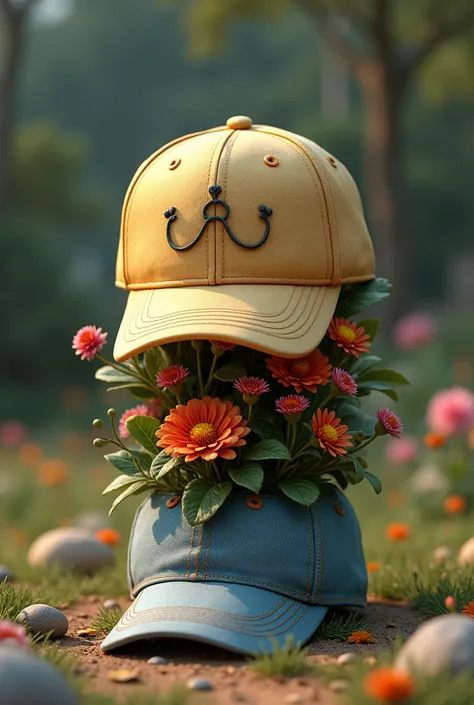 Create a cap on the ground, Other way round, that the part where the head enters is facing upwards and that inside it is full of flowers as if it were a flowerpot