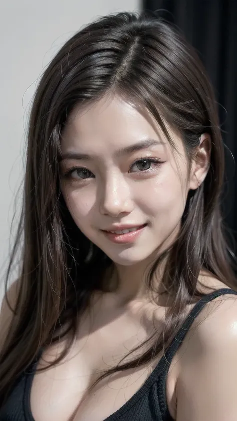 A close-up portrait of an Asian model with fair skin, inspired by modern Korean celebrities. She has flawless, glowing skin, and her dark hair is styled sleekly. The model has a contemporary and chic appearance, with soft makeup highlighting her natural be...