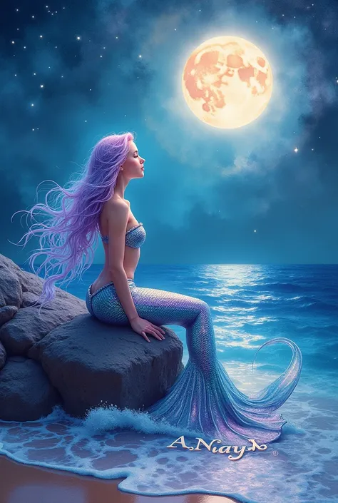 A 3D watercolor artwork of a mesmerizing mermaid perched gracefully on a rocky seashore, gazing wistfully at a luminous full moon that bathes the scene in a soft, ethereal glow. Her flowing, iridescent hair cascades in shades of baby blue, purple, and rose...