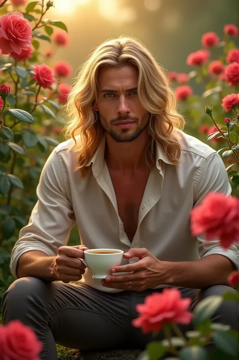 Man with long wavy blond hair drinking tea in red rose garden, PICTURE REALISTIC. 