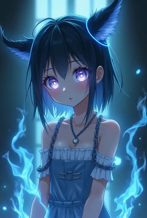 Anime, 4K, High quality, Best Quality, Dramatic, Fantasy, Movie, Adult, Cute chained up anime girl, eyes emitting light, huge aura forming through her body, eyes glowing bright