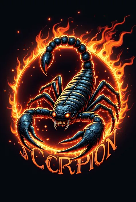 Create a round motorcycle club logo, have a real angry scorpion, Covered in flames , with letters inside the logo that say biker scorpion 