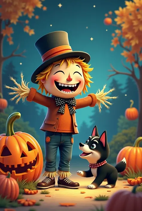 Create me a happy picture of a comical Halloween scene, fun and doesn&#39;t scare anyone. The scene should contain a completely wacky scarecrow and a laughing pumpkin with a black shiba inu puppy 