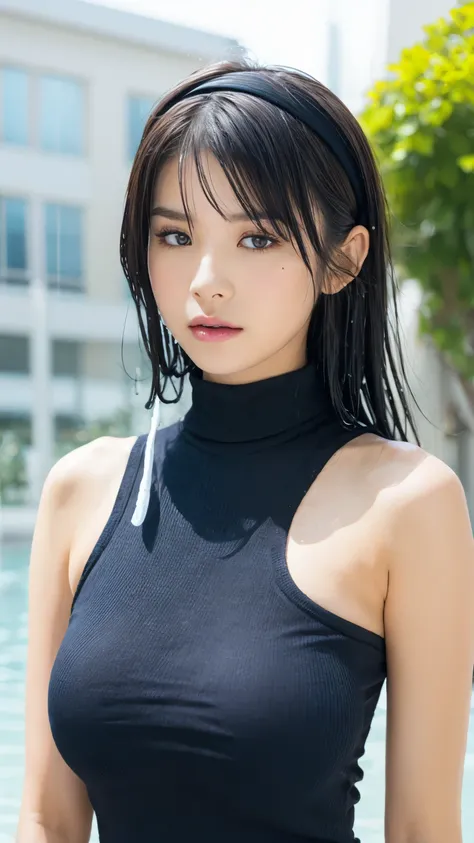 1girl, solo, breasts, short hair, dress, bare shoulders, medium breasts, closed mouth, upper body, white hair, hairband, sleeveless, mole, blurry, black dress, lips, wet, depth of field, blurry background, turtleneck, phone, cellphone, black hairband, wet ...