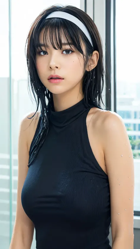 1girl, solo, breasts, short hair, dress, bare shoulders, medium breasts, closed mouth, upper body, white hair, hairband, sleeveless, mole, blurry, black dress, lips, wet, depth of field, blurry background, turtleneck, phone, cellphone, black hairband, wet ...