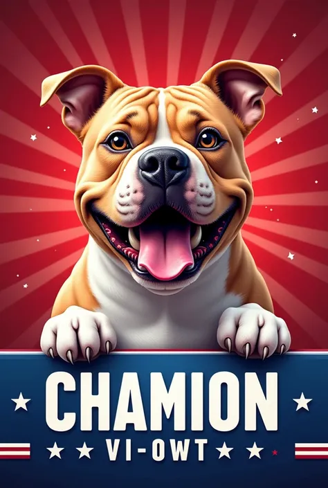 Red cheering poster with a light brown American Bully mascot with a white snout and two white front paws and a written title: RED CHAMPION