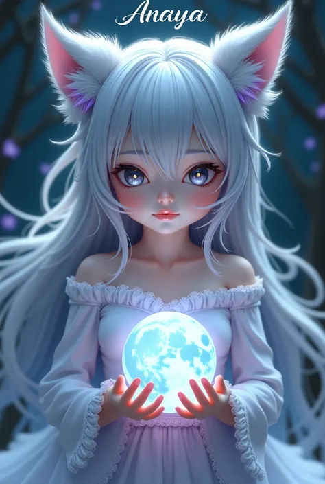 A 3D alcohol ink artwork of an ethereal goddess with an otherworldly aura. She is an Okamimimi, featuring fluffy silver wolf ears and flowing silver hair accented with soft purple and baby blue highlights. Her mesmerizing, alluring gray eyes are touched wi...