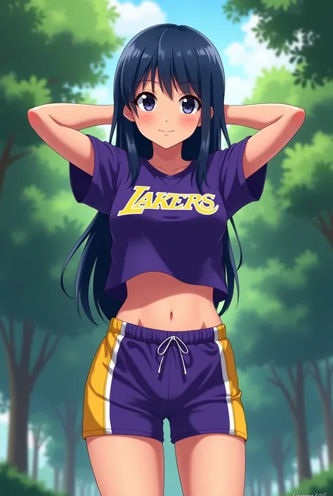 A shy anime girl in lakers uniform purple, shorts purple, navel, t-shirt, abs, strong abs, muscule female, trees background, arms behind head, shy smile, princess cut, long hair, hair blue dark