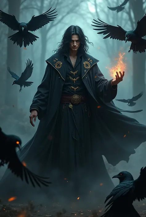 A handsome black-haired wizard dressed in black with crows around him 