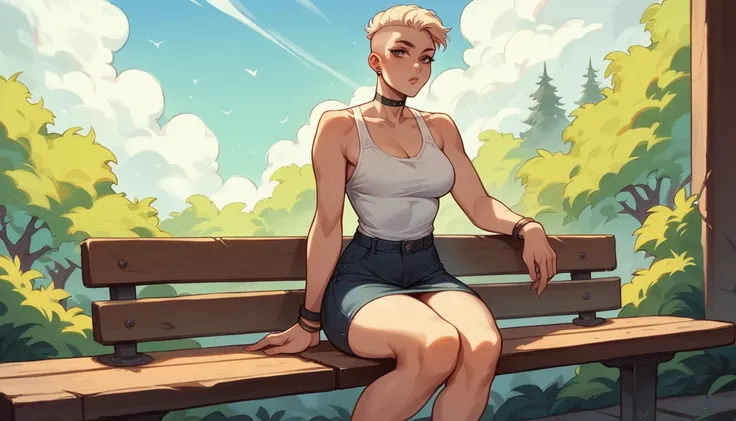 A girl with a completely shaved and smooth head is sitting on a bench in a square