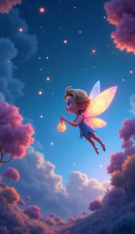 "A magical night sky filled with bright stars. In the foreground, a tiny fairy, Lila, with shimmering wings, is flying gracefully while holding a small bag of sparkling stardust. The background is a dreamy, colorful forest with glowing trees and soft cloud...