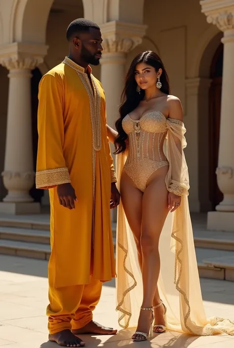 Kylie Jenner curvy slim thick busty with big booty flaunts big curves in extremely skin tight muslimah dupatta long transperent scarf dress. Very Long earrings. Shiny high heels with tall dark indian hindu boy who wear saffron robes with forehead tika.in i...