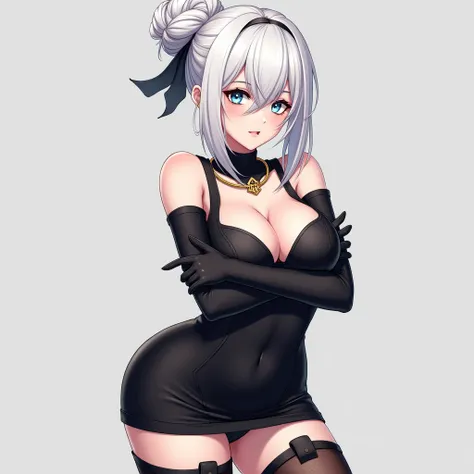 She is a white haired anime girl, has white eyelashes, Her hair is tied in a loose bun, has blue eyes, some of her hair falls on her forehead, covering the part of the nose up to the upper lip, Light blue eyes, is pale skinned. She wears a tight black dres...