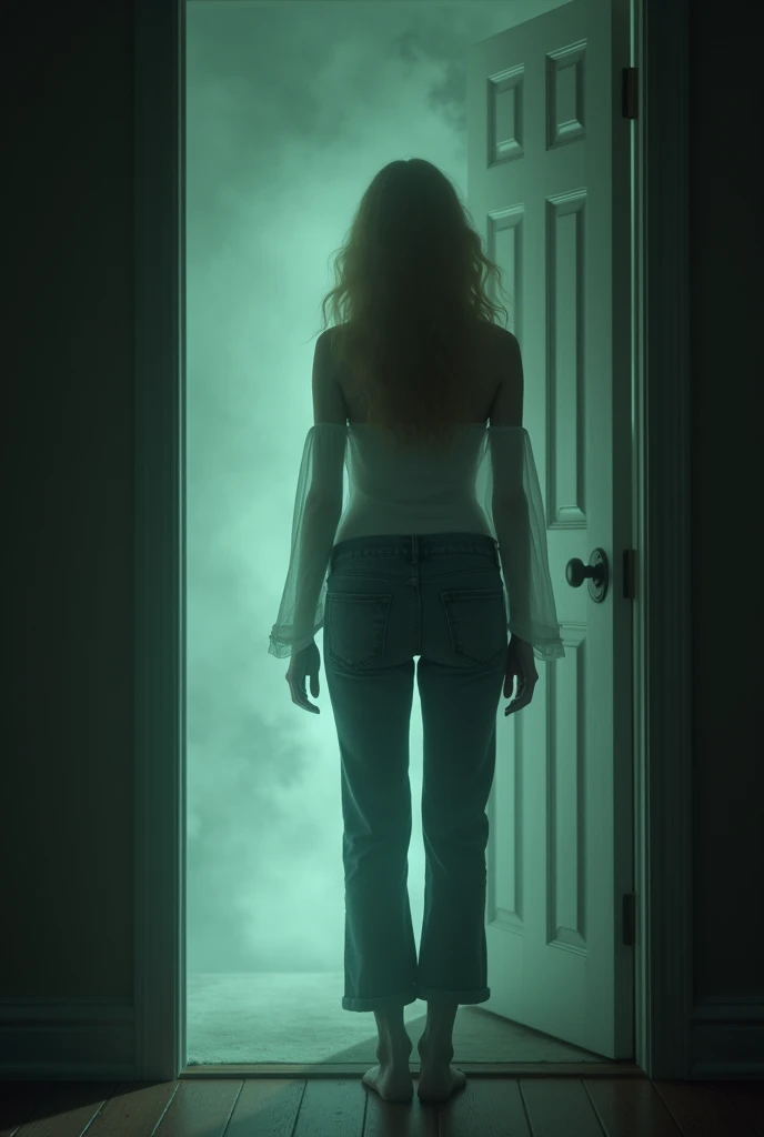 a ghost of a woman from behind, wearing jeans,  natural blonde hair, voluminous hair, standing in the room facing the apartment door, as if he were leaving, tense horror movie dinner