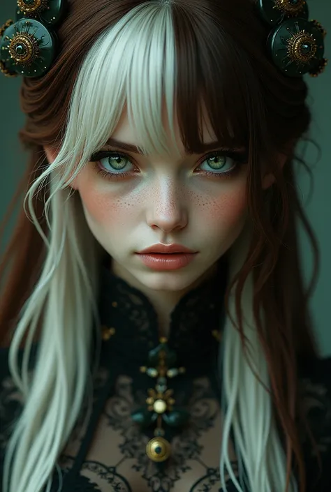 (photorealism:1.2), beautiful woman, mean, manipulative, green eyes, long hair, split dye hair, brown and white hair, split dye hair, anime, intricate details, cool colors, by Greg Rutkowski, by Alphonse Mucha