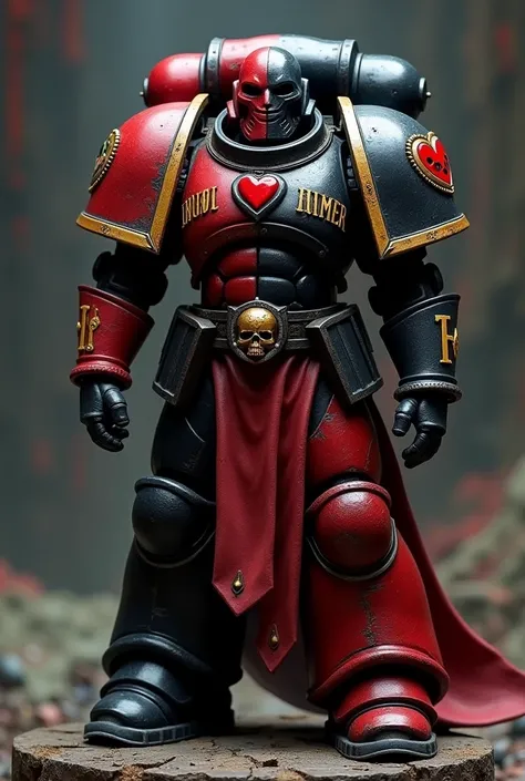 Warhammer 40k space marine primaris, the chapter of lamenters, his color armor its half right black y half left red, his left pauldron had a símbolo with a heart with a tear red, un the right pauldron a skull with a Román lettering wich says imperium