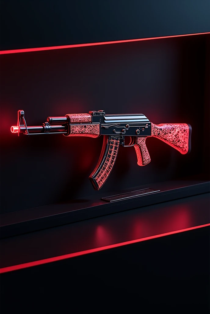 obsidian Ak-47 with glowing neon red veins, inside of a display case, in a pitch black room, 8k, best quality, masterpiece