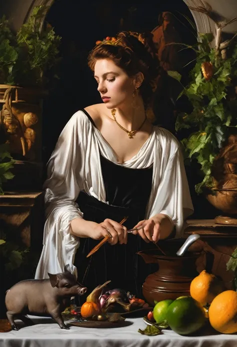 caravaggio lighting; high contrast; hyper-realism; Circe witch from madeline miller; her pig and leon; island of Circe; Godess; realism; circe is working in her garden; mistery; strenght; beautiful women; circe is collecting ingredients to do her potions; ...