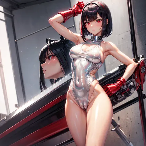 solo girl,Glossy metalic light silver tank top, tight latex shiny, Red interpolation color,Black hair bob,red eyes, camel toe, Samurai Sword,
Lift one leg, sexy lady, โชว์กางเกงใน girl, ถ่างขา, งอเข่า,