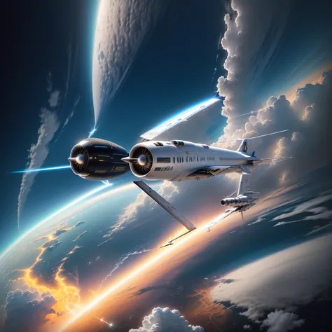 there is a silver airplane flying in the sky with clouds, small retro starship in the sky, inspired by Peter Elson, lockheed concept art, top secret space plane, by Bob Ringwood, fallout airplane concept art, boeing concept art, in peter elson color scheme...