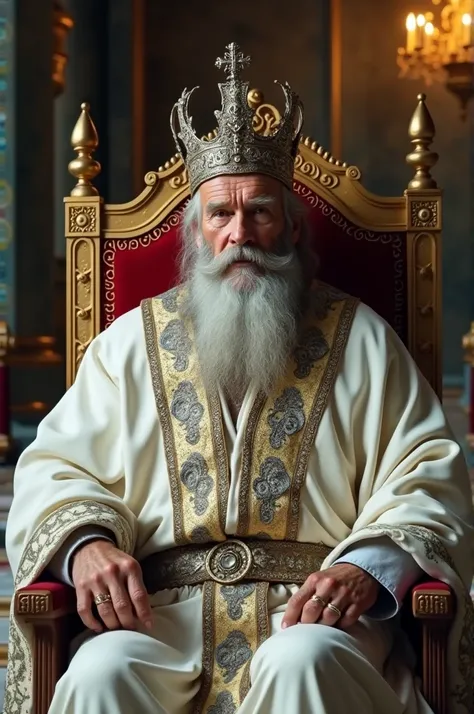 old medieval Portuguese king with a gray beard in white clothes with silver and gold details